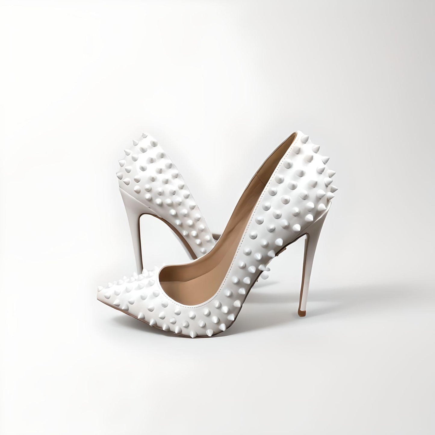 Rivet spike white stiletto pumps