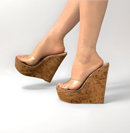 Cork wedge sandal mules with clear PVC peep toe upper 15cm