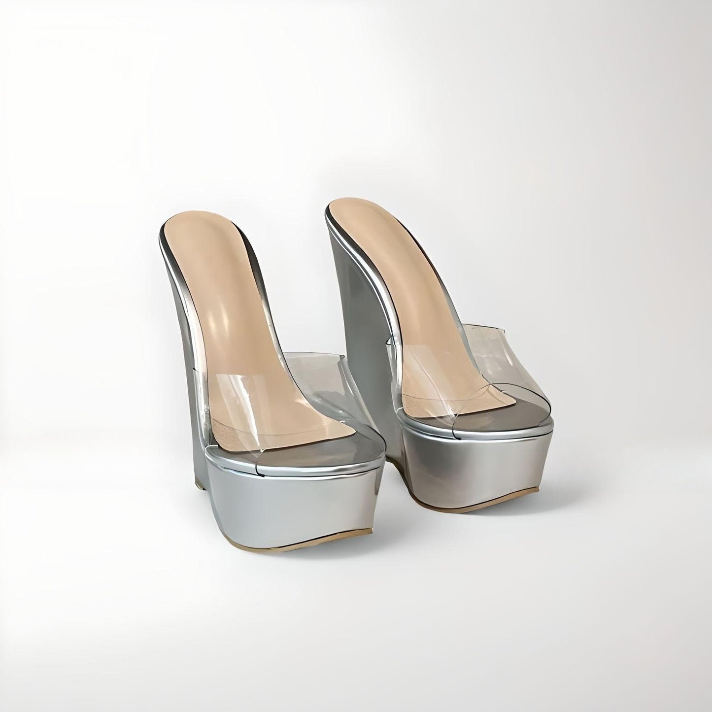 Wedge mules with clear PVC peep toe upper 16cm