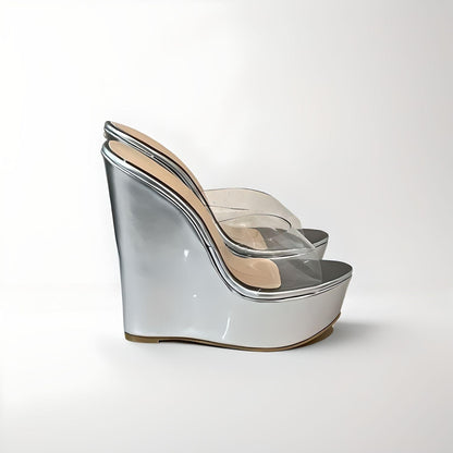 Wedge mules with clear PVC peep toe upper 16cm