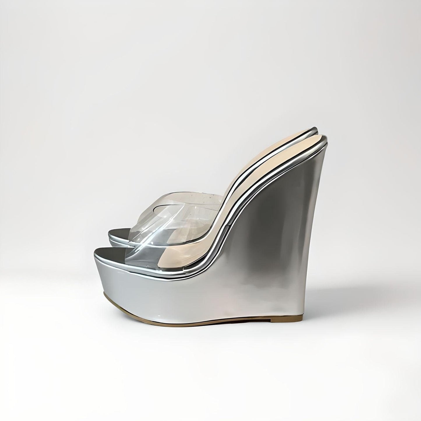 Wedge mules with clear PVC peep toe upper 16cm