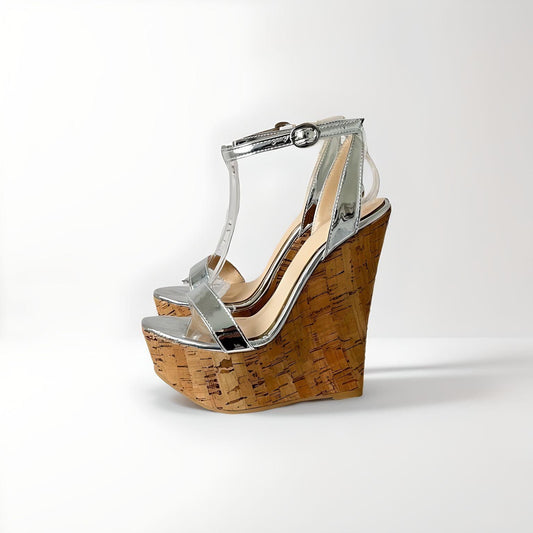 Cork wedge sandals with strappy patent upper 16cm