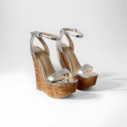 Cork wedge sandals with strappy patent upper 16cm