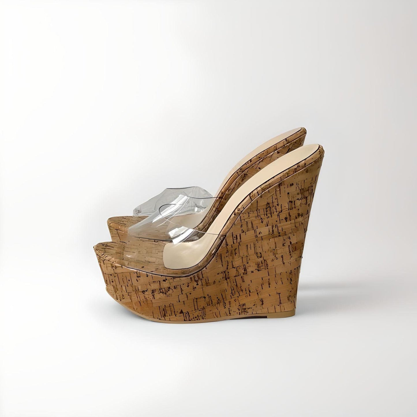 Cork wedge sandal mules with clear PVC peep toe upper 15cm