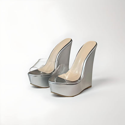 Wedge mules with clear PVC peep toe upper 16cm