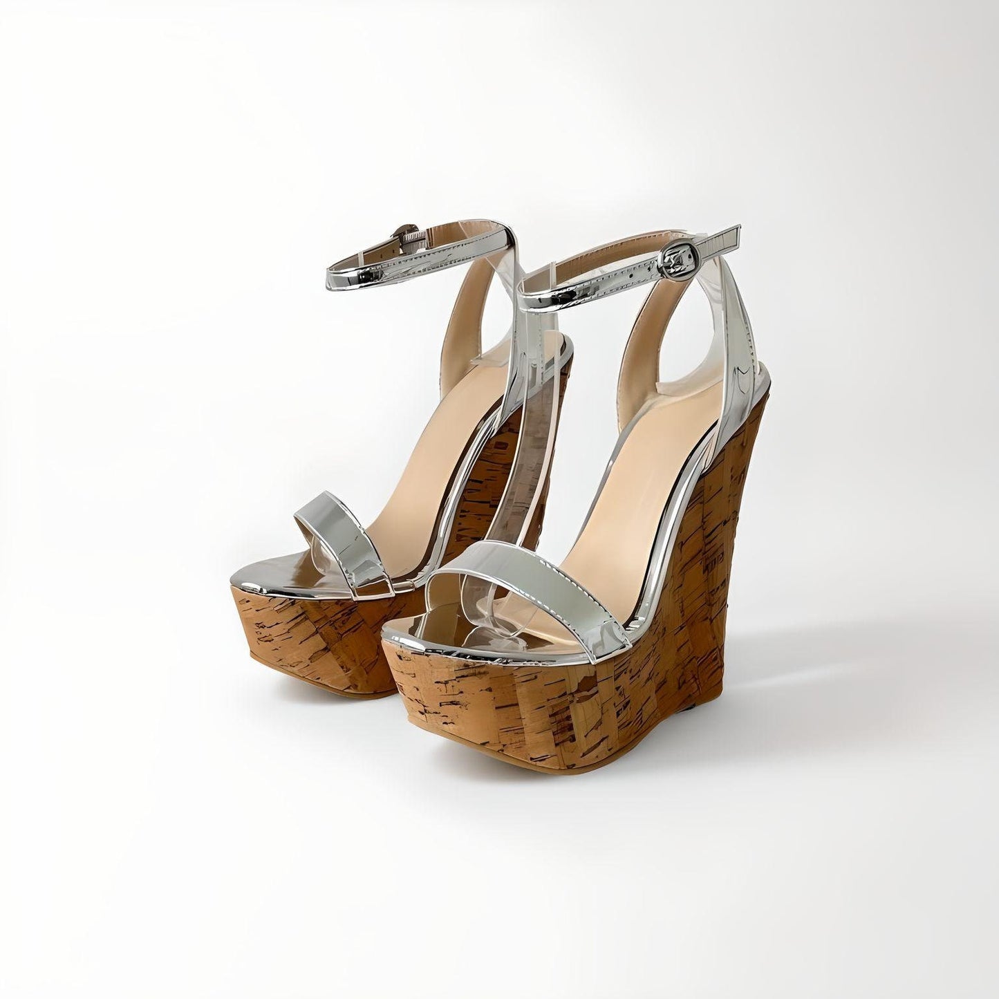 Cork wedge sandals with strappy patent upper 16cm