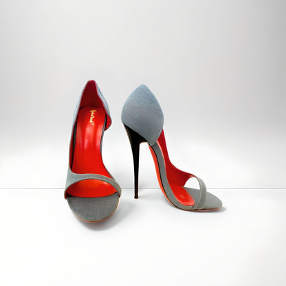 D'Orsay denim round peep toe stiletto pumps