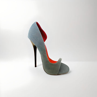 D'Orsay denim round peep toe stiletto pumps