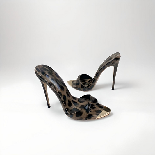 Patent leopard print stiletto 12cm 4" high heel mules