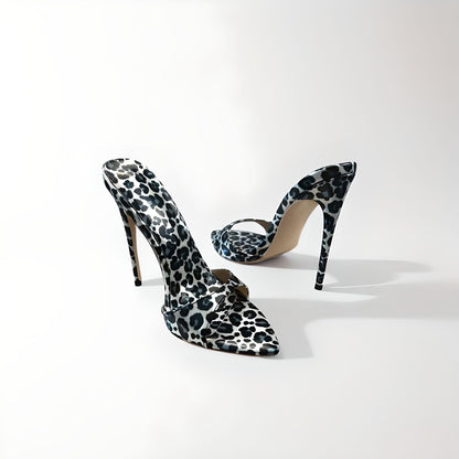 Patent animal print stiletto 12cm 4" high heel mules