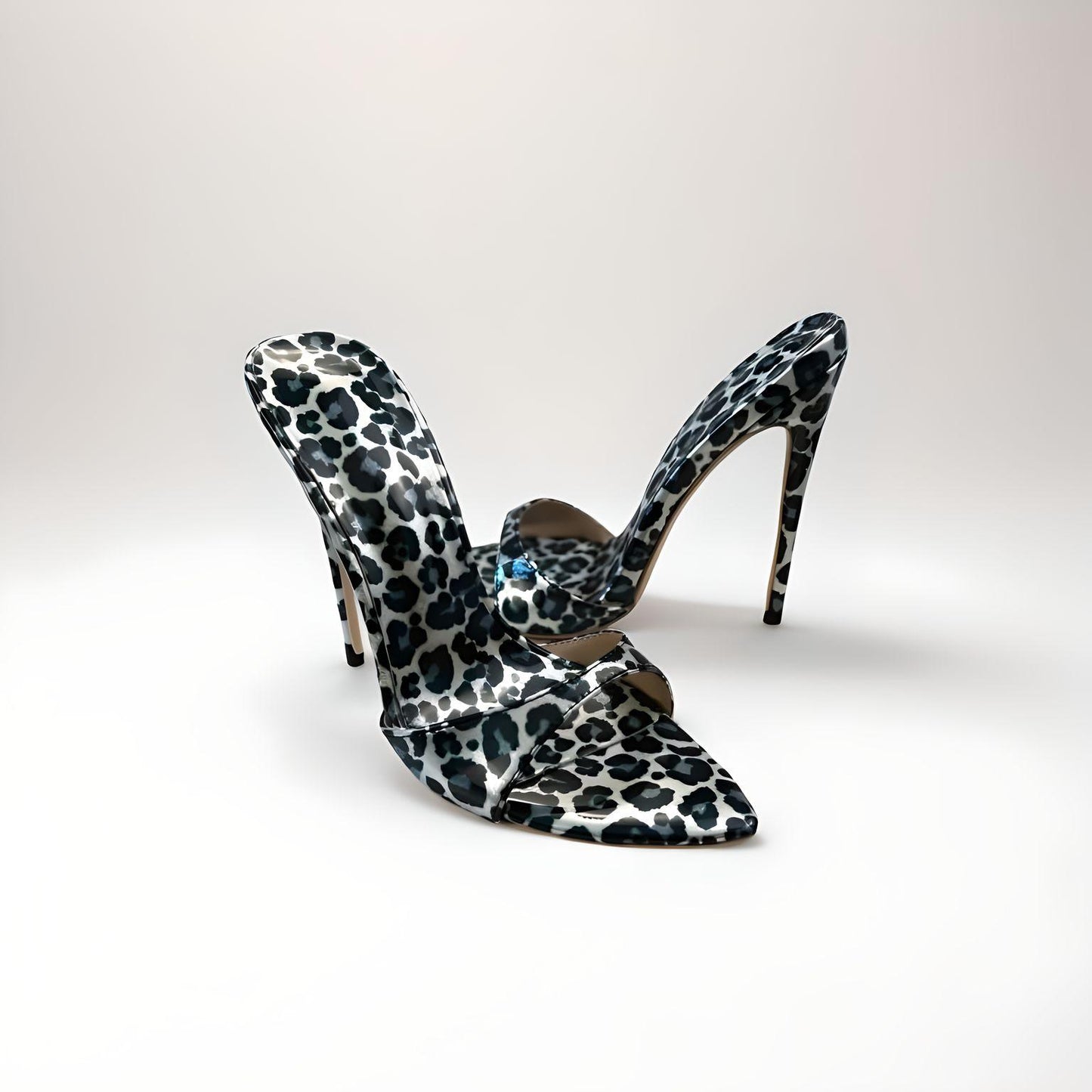 Patent animal print stiletto 12cm 4" high heel mules