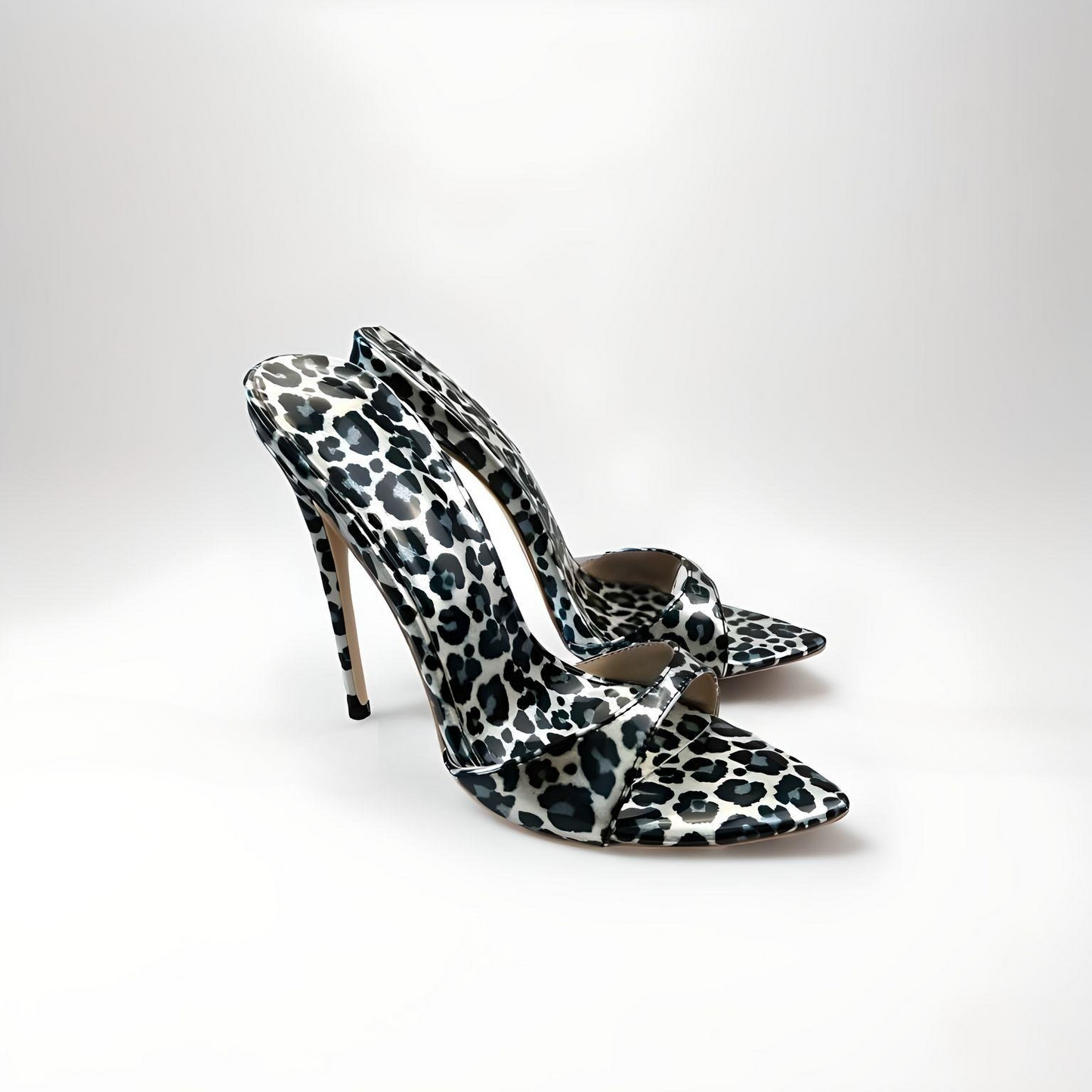 Patent animal print stiletto 12cm 4" high heel mules