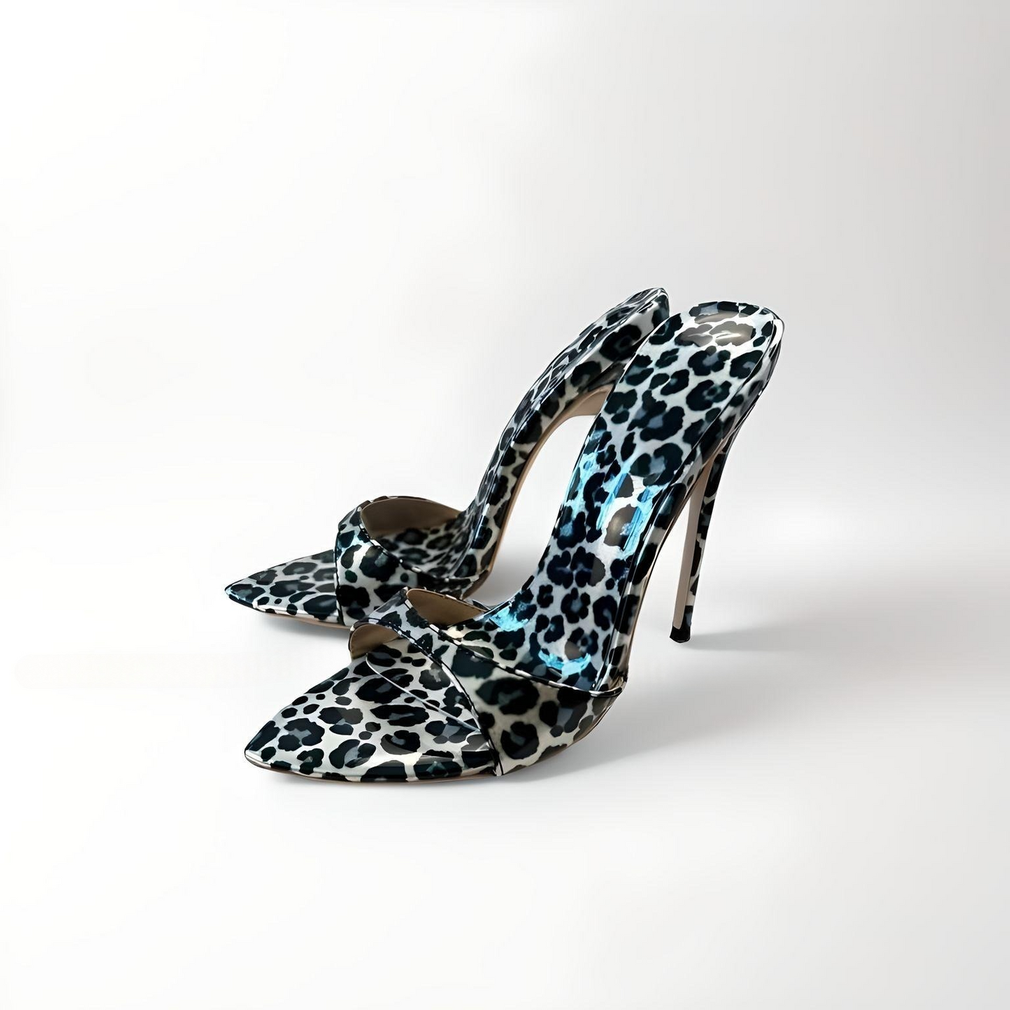 Patent animal print stiletto 12cm 4" high heel mules