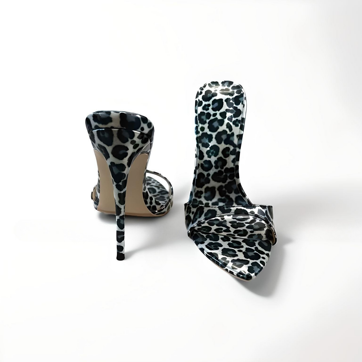 Patent animal print stiletto 12cm 4" high heel mules