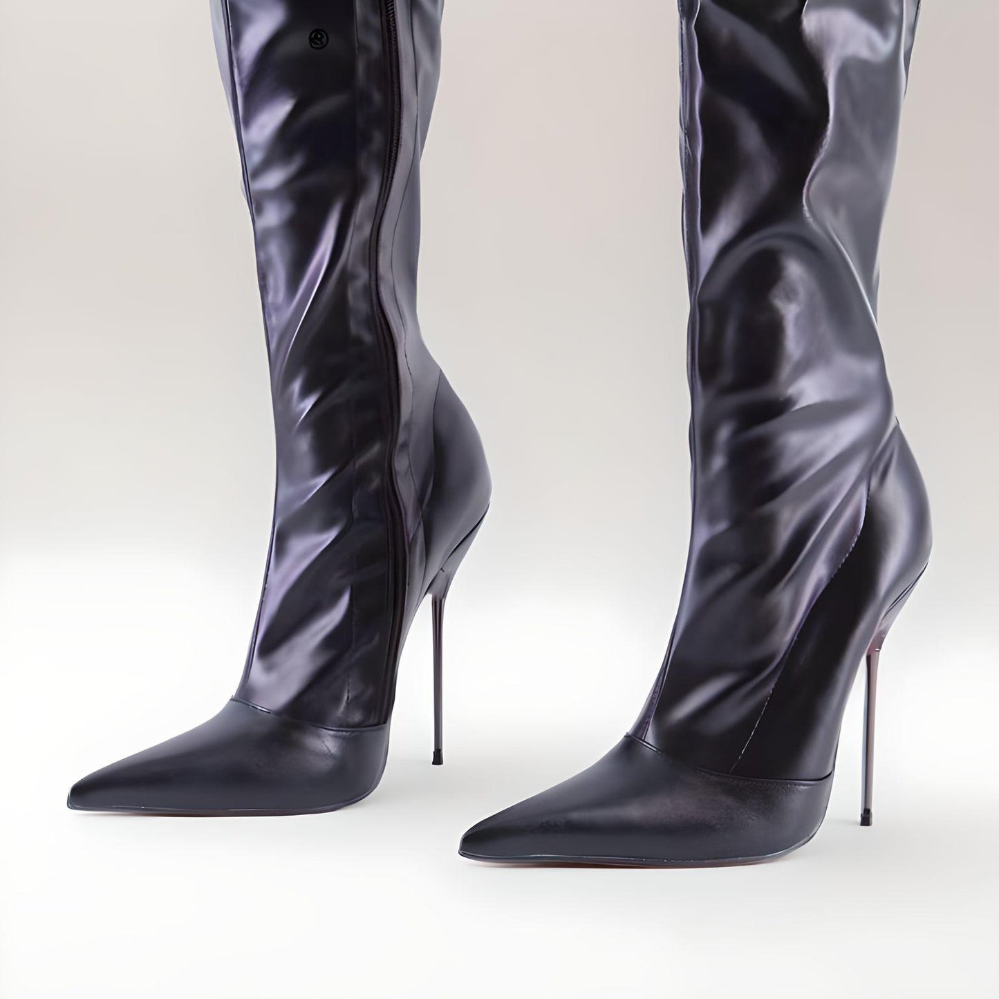 Fetish metal stiletto knee boots pointy toe 13cm 5"