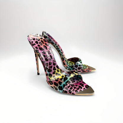 Rainbow leopard  print stiletto 12cm 4" high heel mules