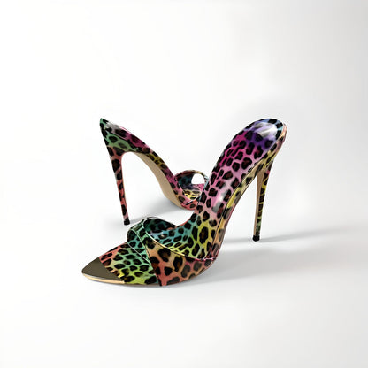 Rainbow leopard  print stiletto 12cm 4" high heel mules