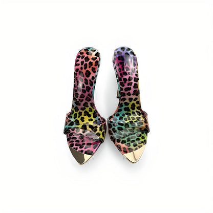 Rainbow leopard  print stiletto 12cm 4" high heel mules