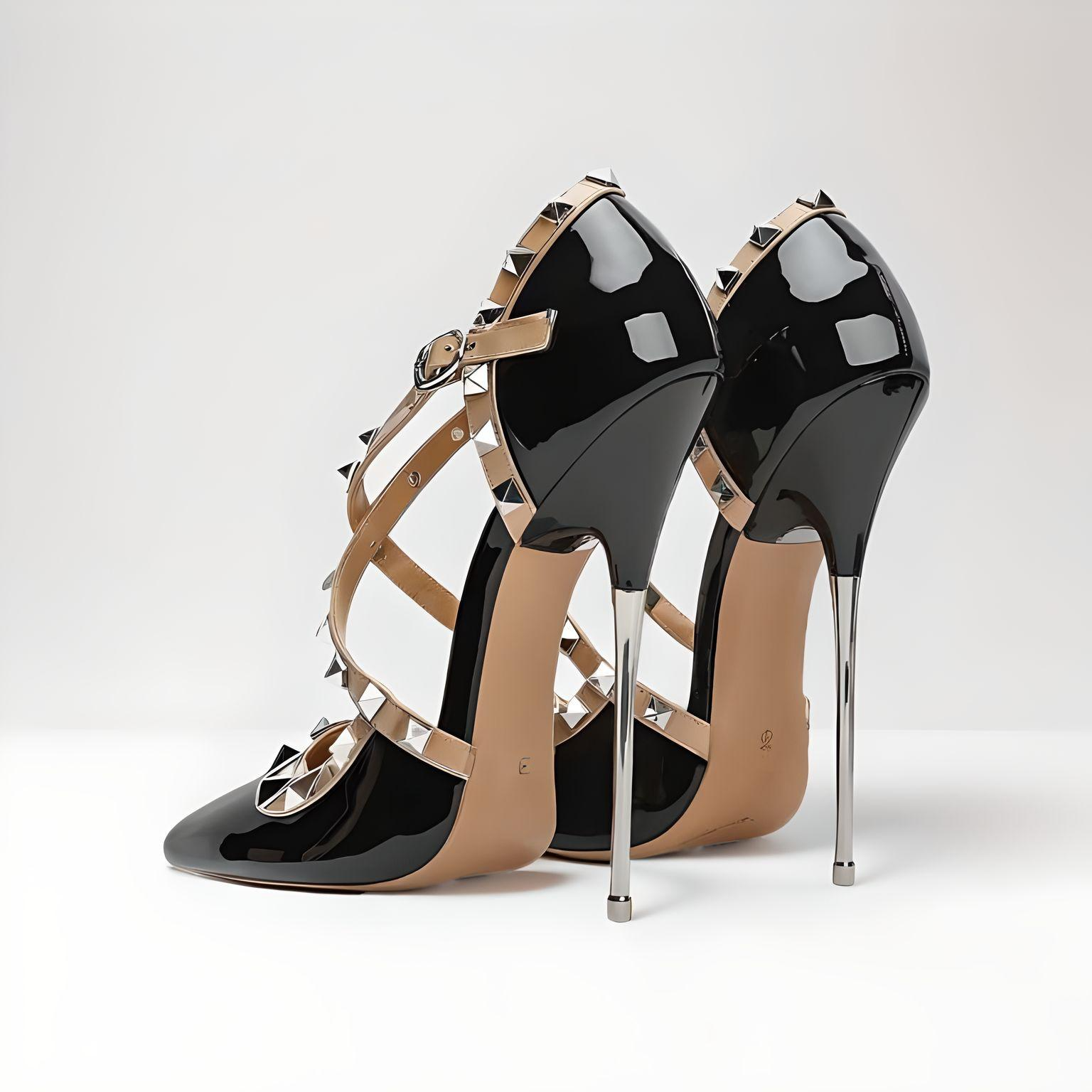 Back view of black patent stiletto pumps showing heel, studs, and ankle strap closure
