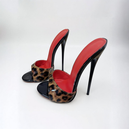 Patent animal print high heel stiletto mules