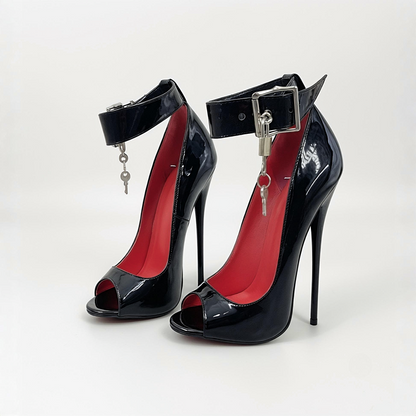 Patent peep toe lockable ankle strap pumps