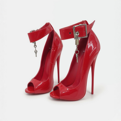 Patent peep toe lockable ankle strap pumps