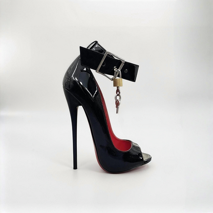 Patent peep toe lockable ankle strap pumps