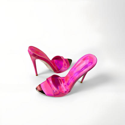 Men's high heel patent pearl pink stiletto mules