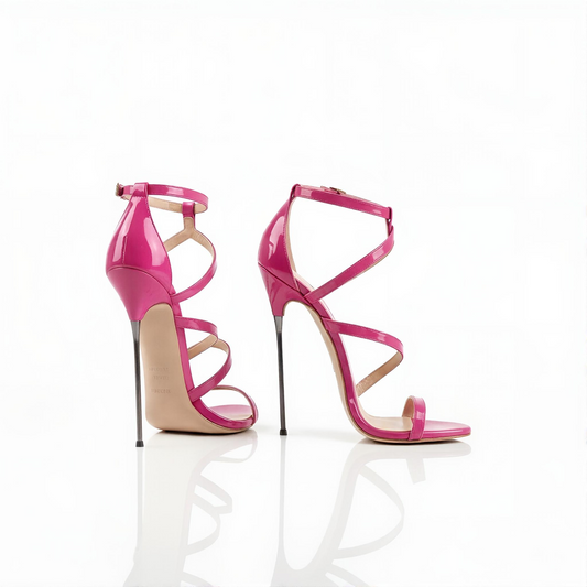 Pair of 16cm stiletto pink high-heeled sandals on a white background