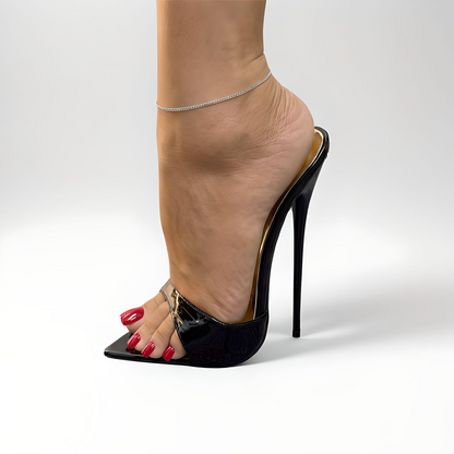 Patent ultra pointed stiletto mules