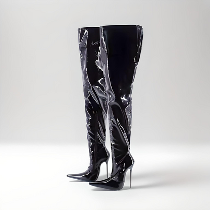 Fetish metal stiletto thigh boots pointy toe 16cm 6"