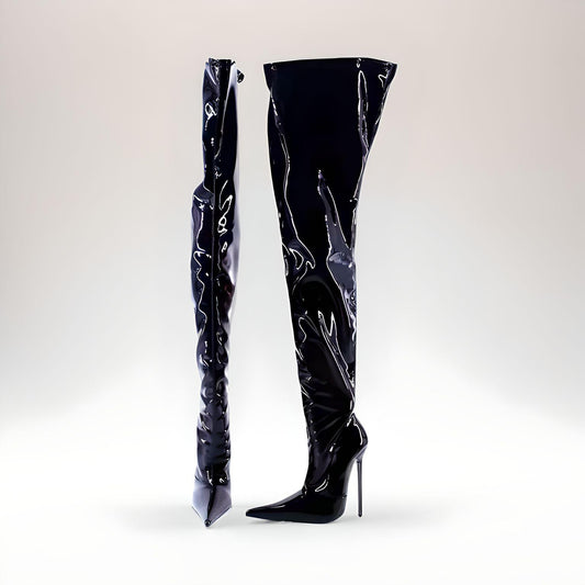 Fetish metal stiletto thigh boots pointy toe 16cm 6"