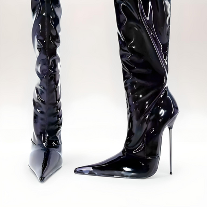 Fetish metal stiletto thigh boots pointy toe 16cm 6"