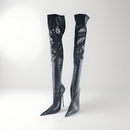 Fetish metal stiletto thigh boots pointy toe 16cm 6"