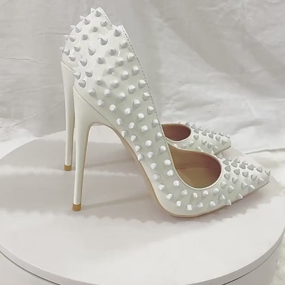 Rivet spike white stiletto pumps