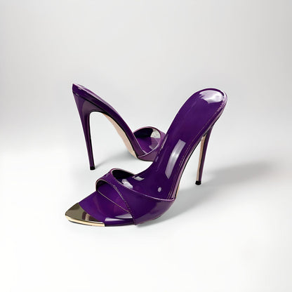 Patent purple stiletto 12cm 4" high heel mules