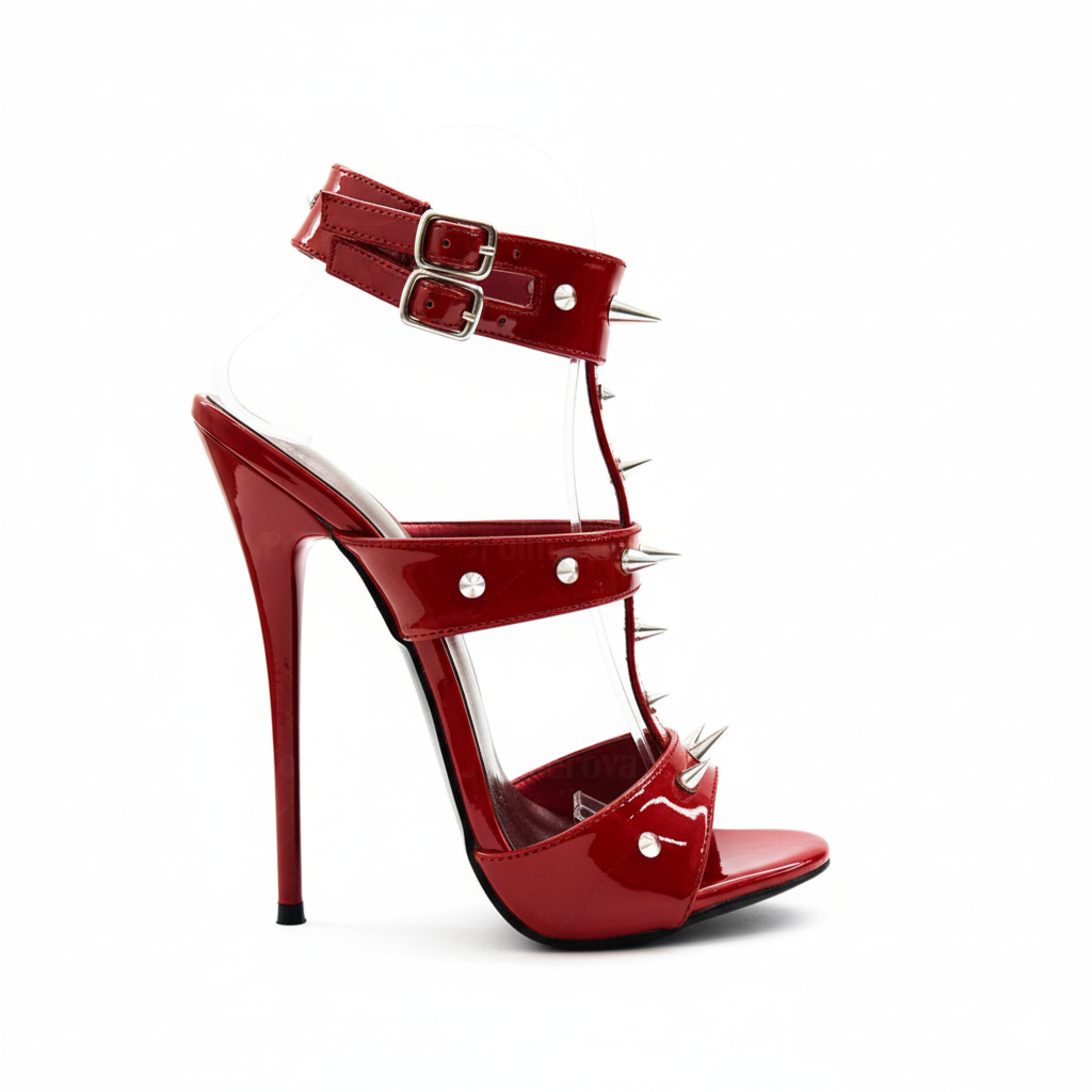 Red 16cm high-heeled shoe with spikes on a white background