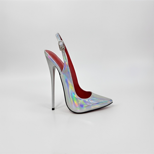 Silver holographic 16cm high-heeled shoe on a white background