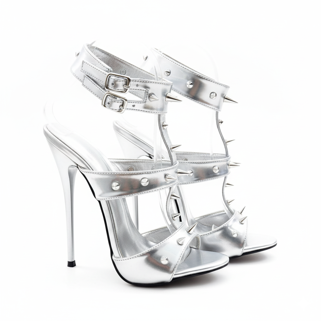 Silver 16cm high-heeled sandals with straps and spikes on a white background