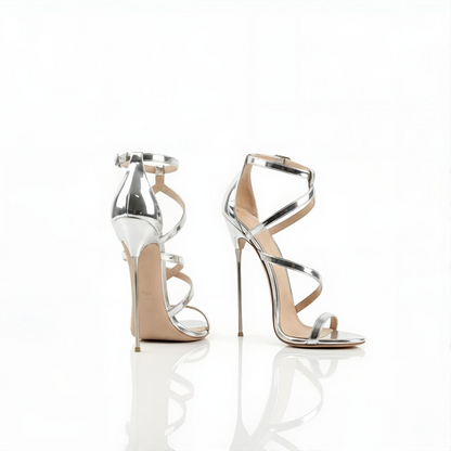 Silver 16cm stiletto high-heeled sandals on a white background