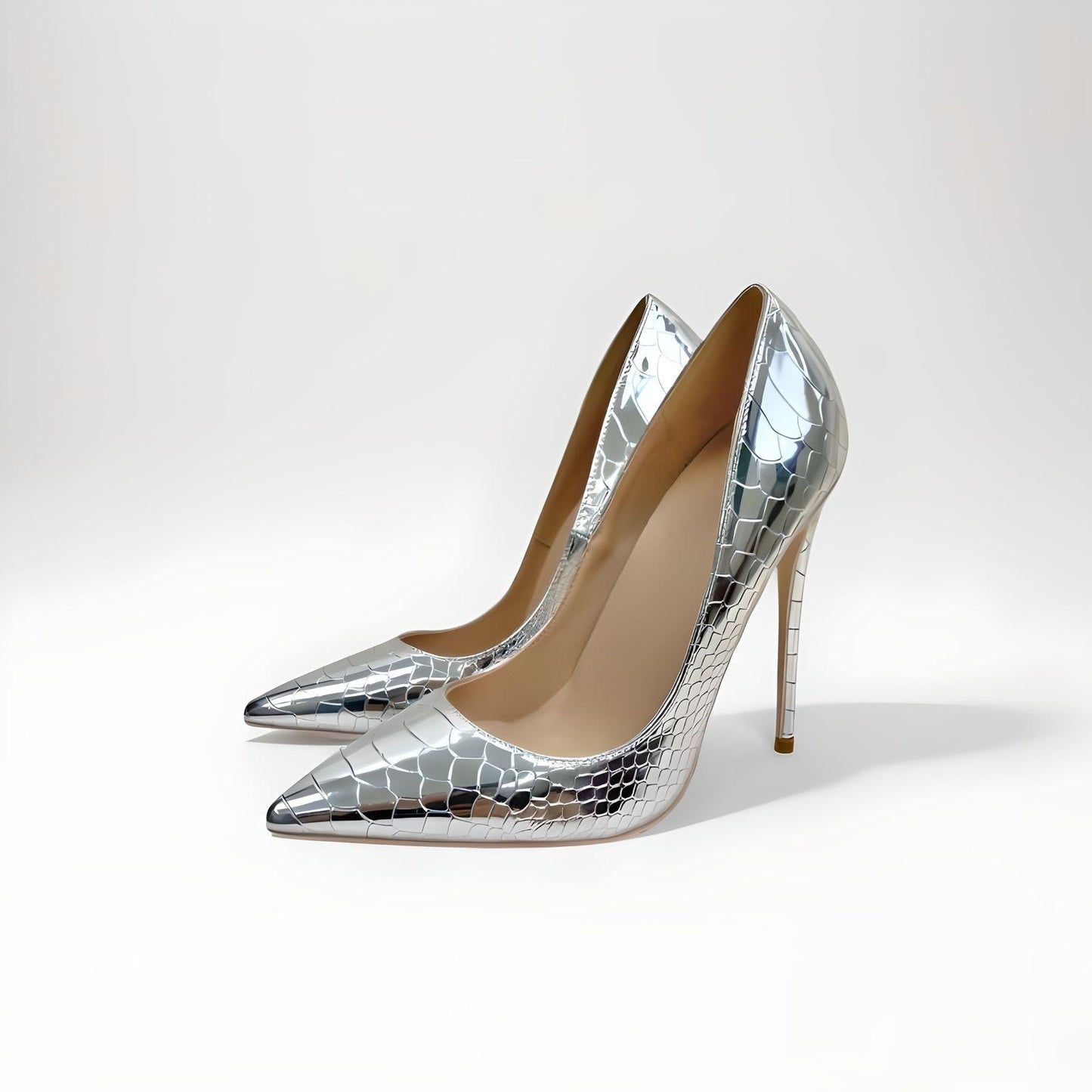 Silver mock croc stiletto pumps