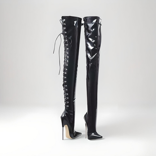 Fetish metal stiletto heel crotch boots 16-19cm with laces