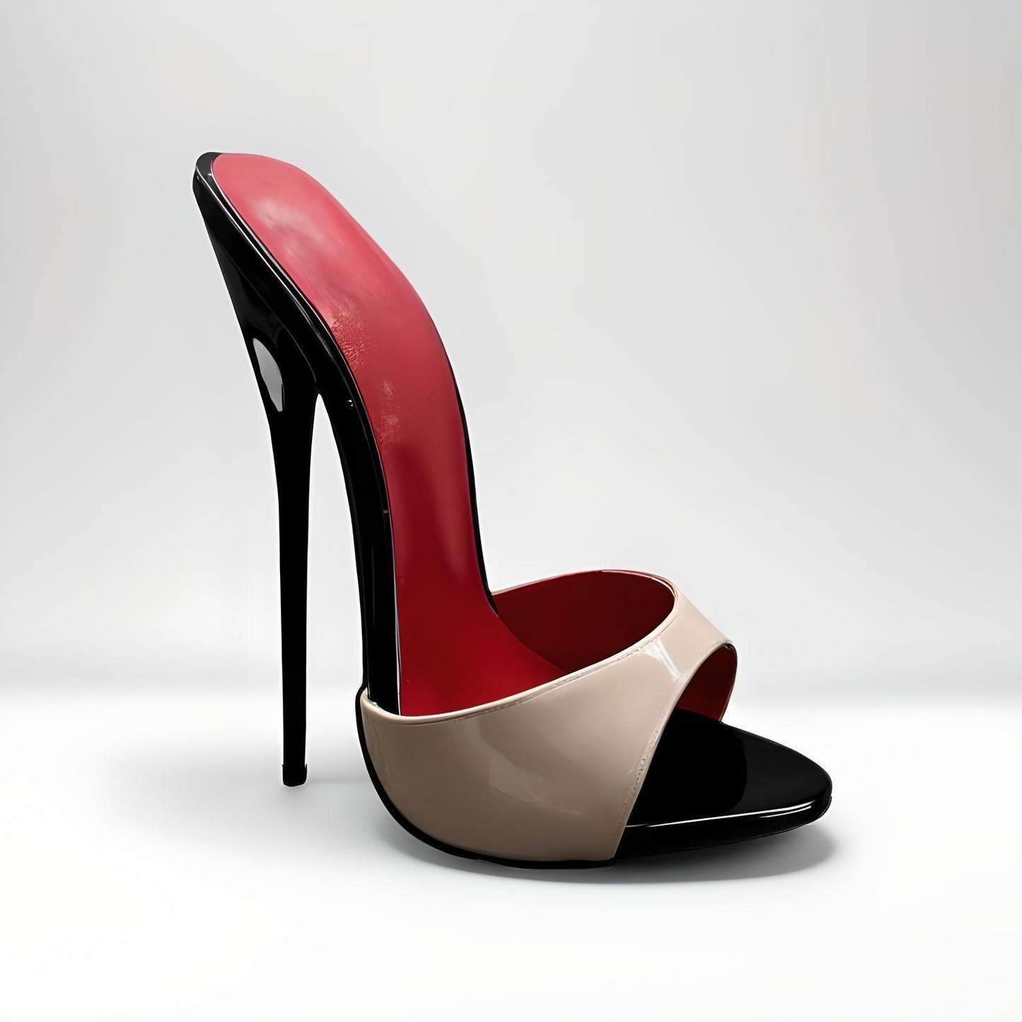 16cm High-heeled shoe with red, black, and beige color scheme on a white background