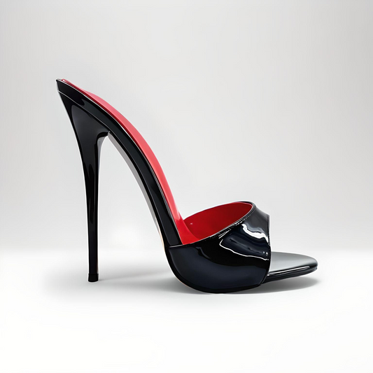 Black 16cm high-heeled shoe with red interior on a light gray background