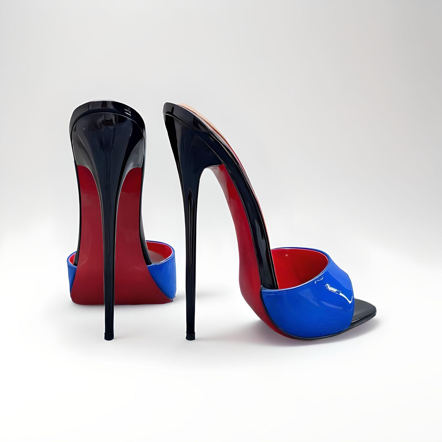 16cm Black, red, and blue high-heeled shoes on a white background