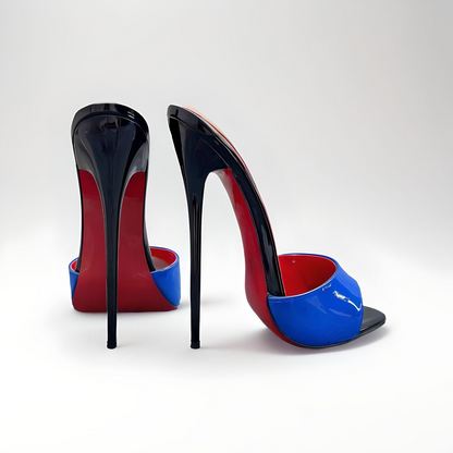 16cm Black, red, and blue high-heeled shoes on a white background