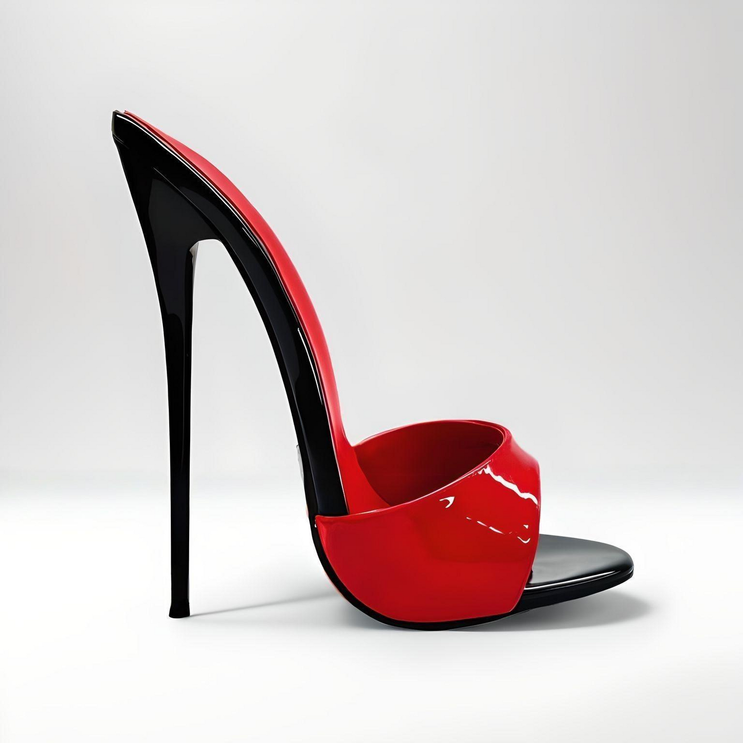 Red high-heeled 16cm mules with a black heel on a white background