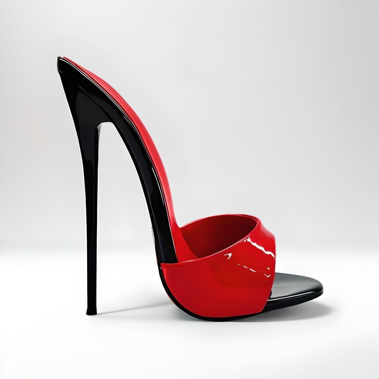 Red high-heeled 16cm mules with a black heel on a white background