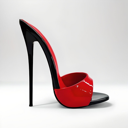 Red high-heeled 16cm mules with a black heel on a white background