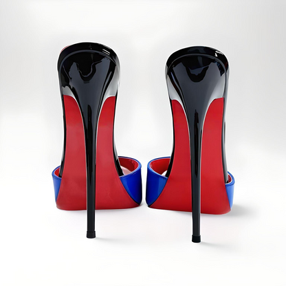 Pair of high-heeled 16cm mules with black, red, and blue design on a white background